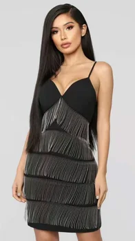 

Tassel Hot Sale Bandage Dress Backless Deep V-neck Spaghetti Strap Sexy women celebrity body con Evening Party Dresses wholesale