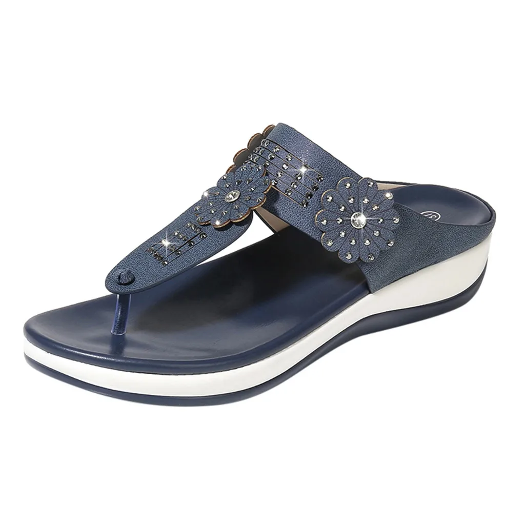 dark blue Плоской подошве в римском стиле клипса в богемском стиле на пляжные сандалии летние Для женщин Кристалл Плоская подошва слипоны на низком каблуке мягкая подошва 3 цвета плюс size35-42 - Цвет: dark blue