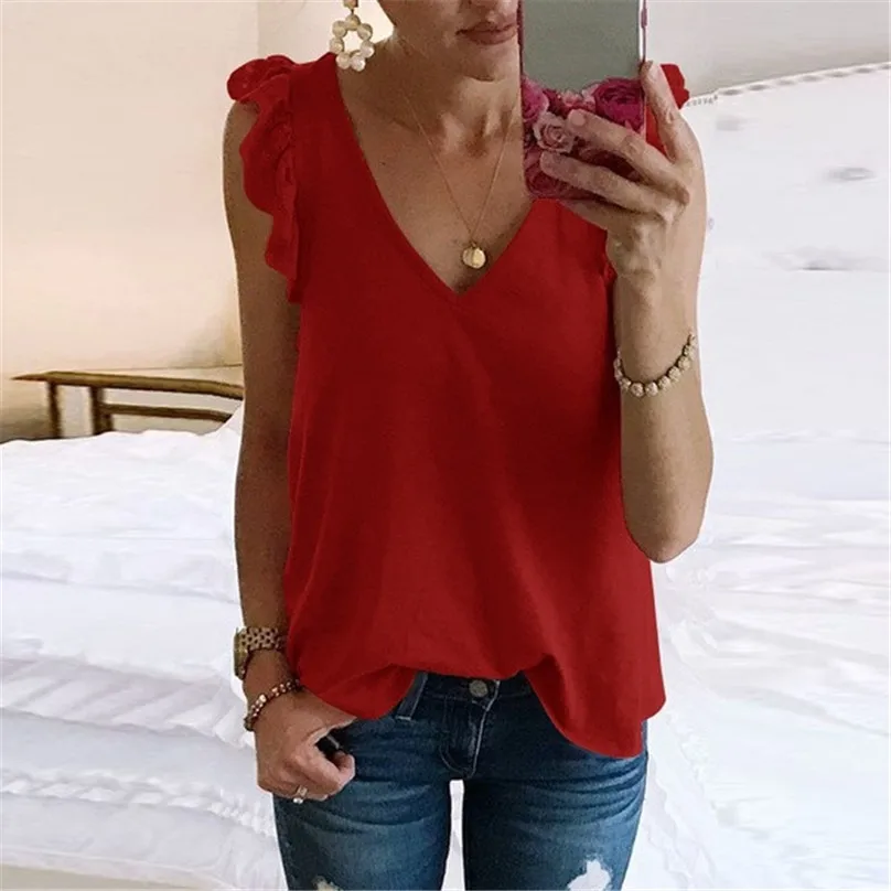 

Women's Casual Blouse Women Summer Solid Color Sleeveless V-Neck Blouses Elegant Summer Ladies Shirts Tops Feminine Blusas 4EM