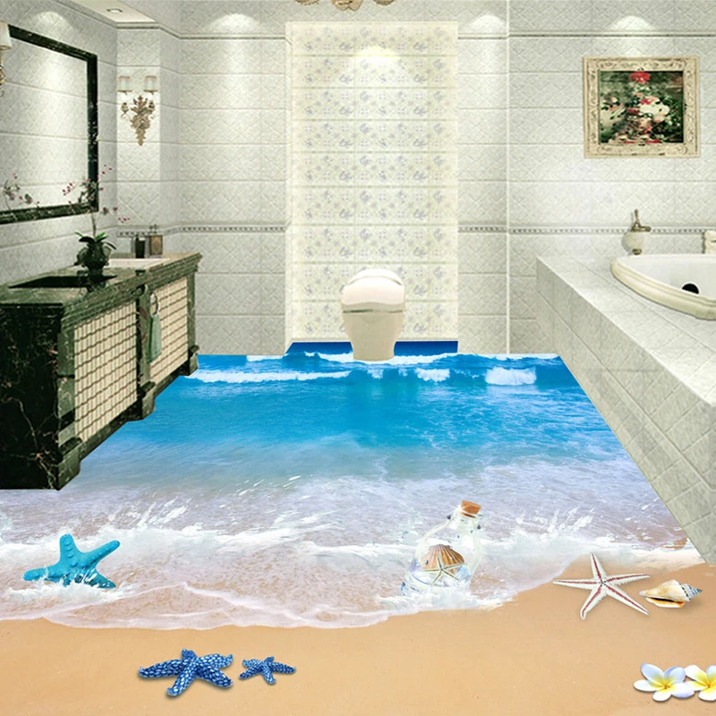 Пользовательские 3D Пол фрески обои пляж Ванная комната водонепроницаемый пол стикер ПВХ самоклеющиеся фрески Papel де Parede 3D домашний декор