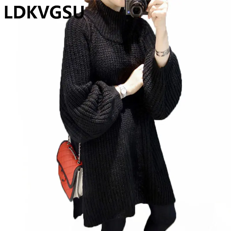 2018 Autumn Winter Turtleneck Batwing Sleeve Pullover Sweater Irregular Women Side Slit Leisure Loose Knit Dress Is969 | Женская одежда