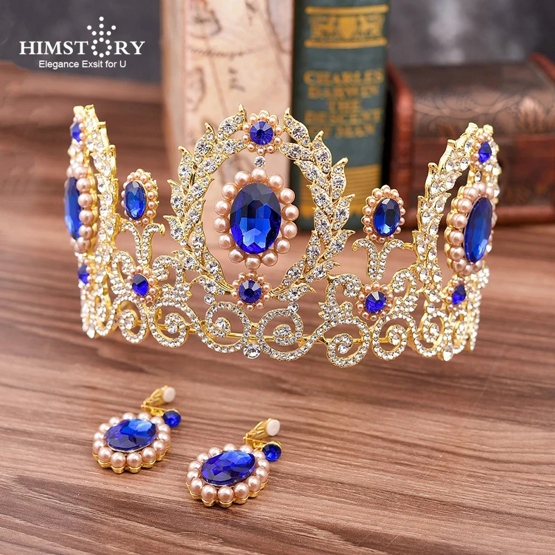 

HIMSTORY New Wedding Royal Hair Accessories Blue Crystal Bridal Pageant Tiaras Crow Big Luxury Rhinestone Headband Hair Jewelry