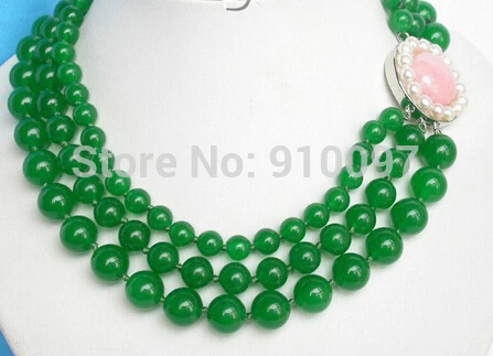 

>>Genuine natural 3row eiffel tower round green jade necklace j4284