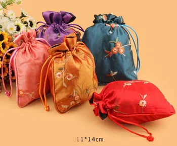 

14x11cm Embroidery Fruit design Wedding Favor Bags Chinese Silk Fabric Drawstring mixed color
