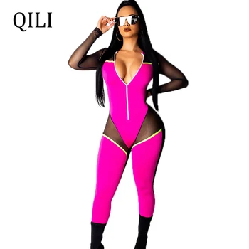 

QILI Women Long Sleeve Patchwork Mesh 2 Piece Set Sexy Jumpsuits Romper Skinny Long Pants Zipper Two Piece Jumpsuits
