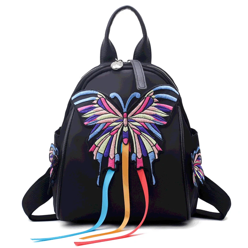 Mini Black Backpack Butterfly Flower Embroidery BackpackSoft Shoulder