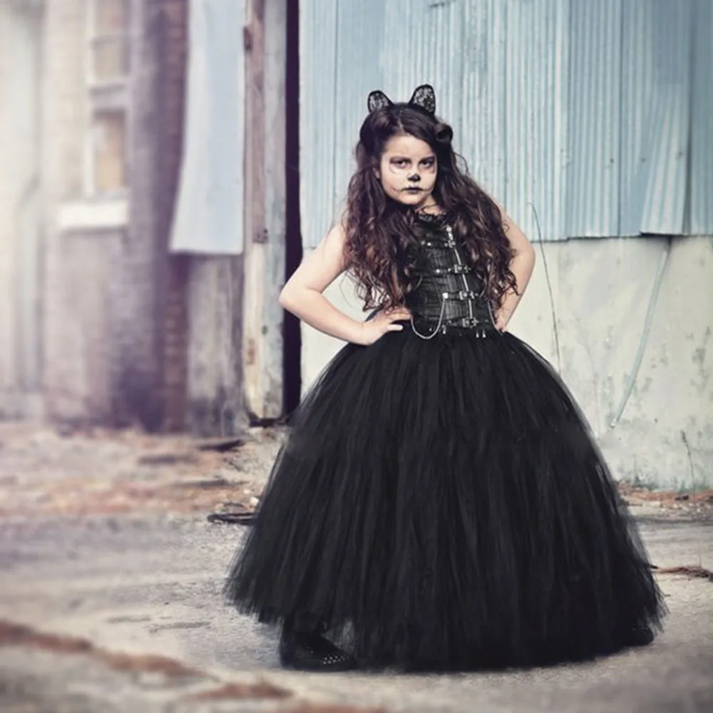 Black Solid Girls Tutu Skirt Kids Long Princess Girls Tutu Skirt Fluffy Cat Girls Halloween Party Cosplay Tulle Skirts Clothes (4)