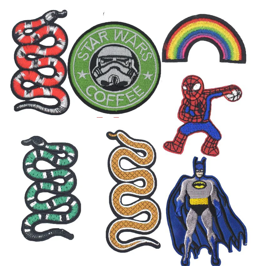 

1Pcs Spiderman Batman Snake Love Peace Rainbow Patches Iron On Or Sew Fabric Sticker For Clothes Badge Embroidered Appliques DIY