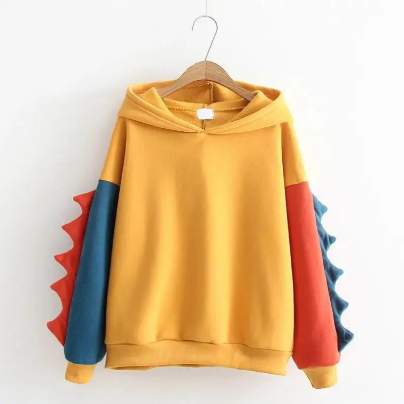 

2019 New Harajuku Korean hoodies women spring autumn long sleeved casual pullover tops woman patchwork color dinosaur sweatshirt
