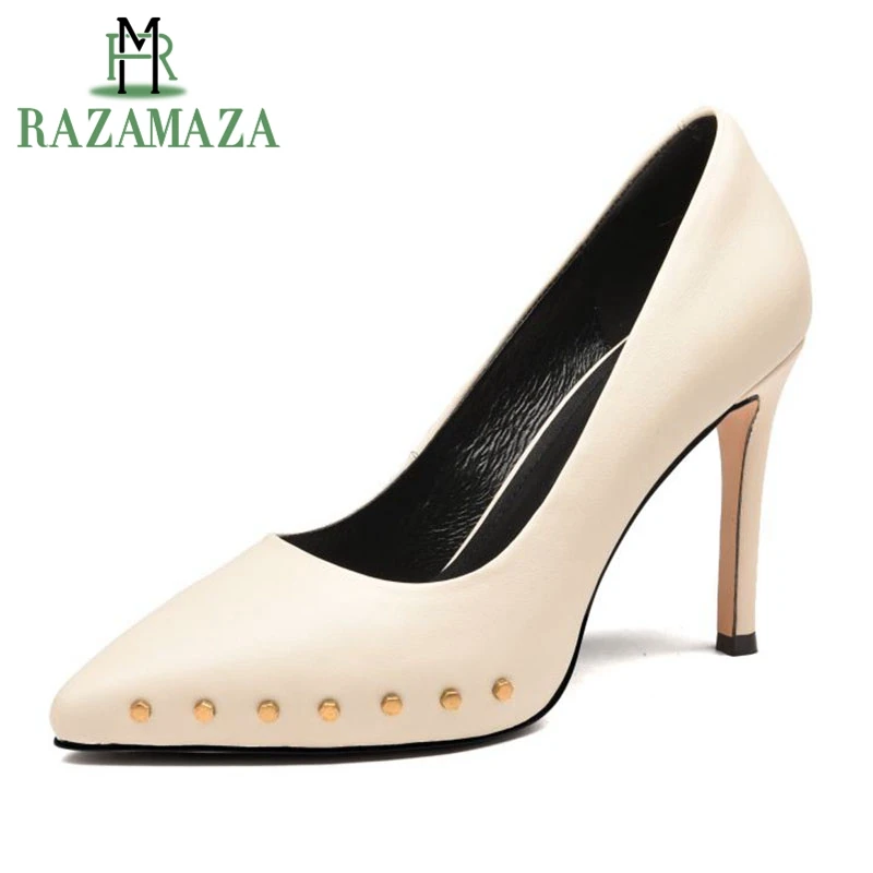

RAZAMAZA Office Lady Genuine Leather High Heel Shoes Women Rivet Thin Heels Pumps Party Office Shoes Women Footwears Size 34-39