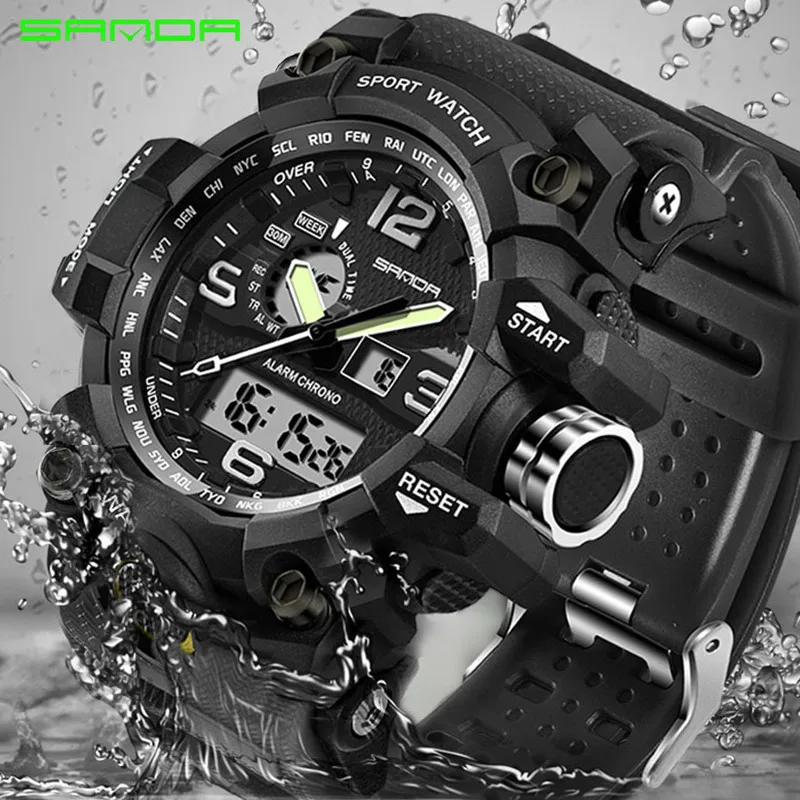

SANDA 742 Military Watch Men Dual Display LED Digital Watches Mens Sport Wristwatch Big Dial Waterproof Clock relogio masculino