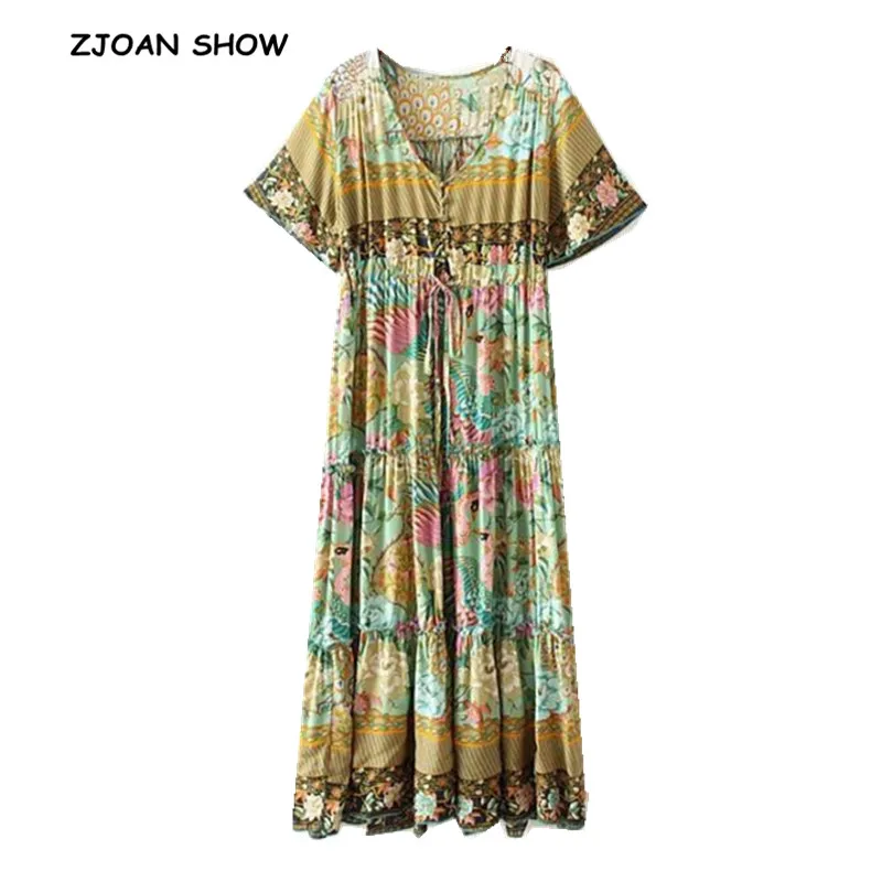 

Bohemian Open Buttons V-Neck Floral Peacock Bird Print Dress Ethnic Lace up Short Sleeve Long Dresses New 2018 Woman Vestido