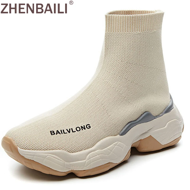 

ZHENBAILI Platform Flat Autumn Women Ankle Boots 2019 Breathable Increase Height Stretch Knit Upper Sock Shoes Casual Sneakers
