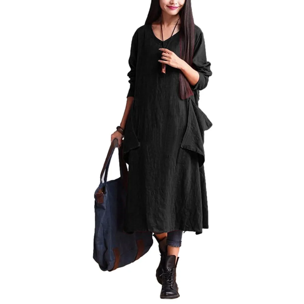 Black Wine Cotton And Linen Midi Dress Women Autumn Spring Losse Dress ...