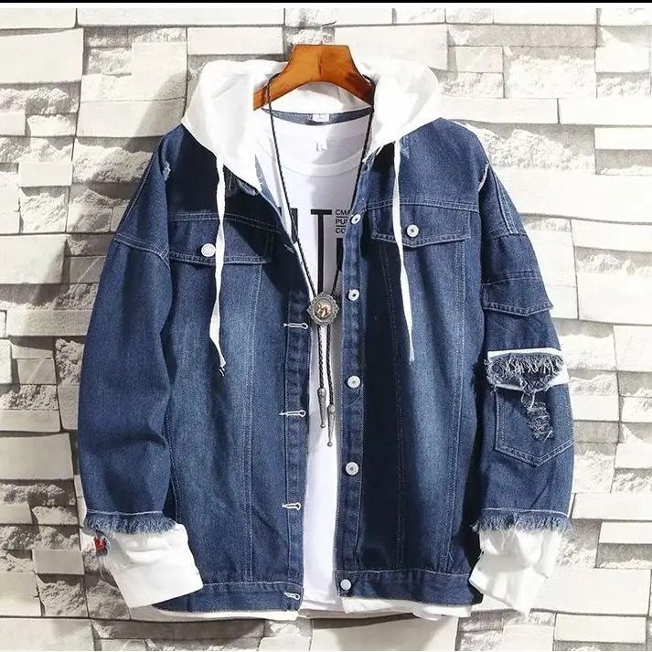 Spring New Hooded Denim Jacket Men Fashion Fake Two Pieces Of Streetwear Bomber Jacket and Coat Man Cowboy Clothes Male S-3XL
