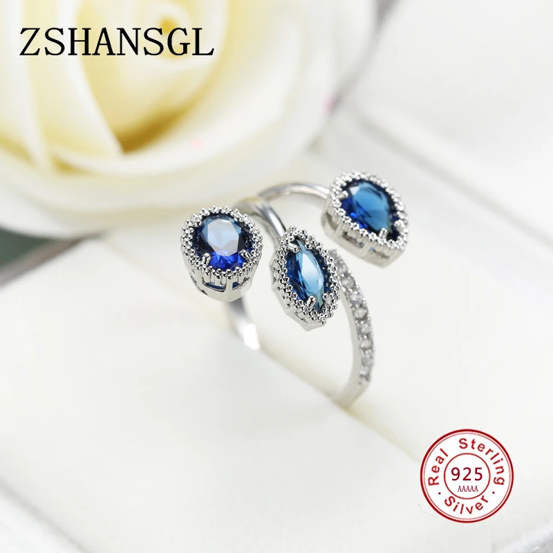 Classic 925 Sterling Silver High Quality Clear Blue Sparking CZ Geometric Stackable Opening Rings for Women Wedding Jewelry Gift