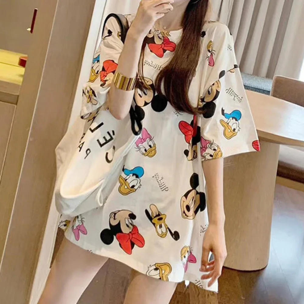 

2019 Summer High End Fashion Ladies Cartoon Printing Tops T Shirt Women Loose Short Sleeve Round Collar Casual Long Top Shirt