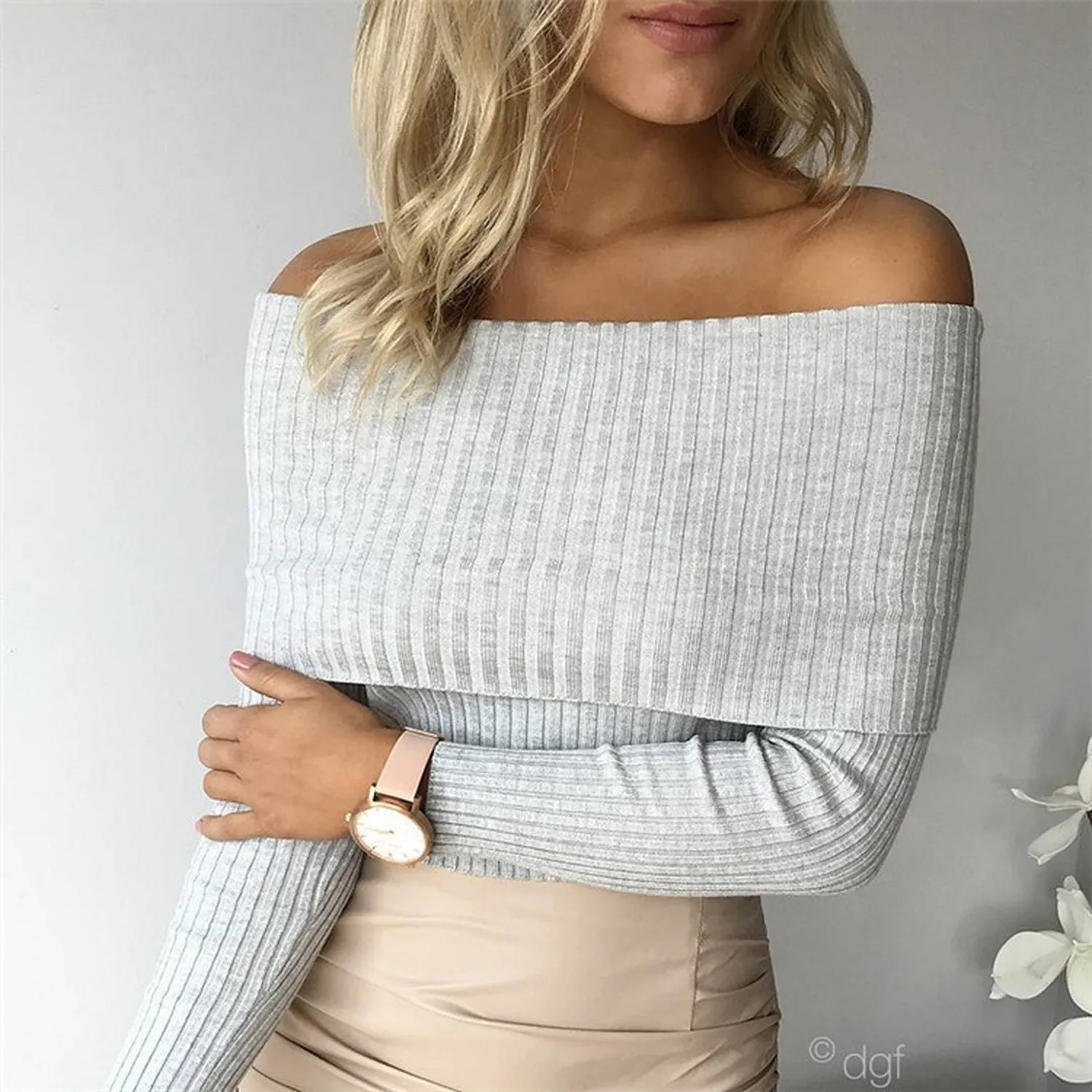 

Fashion Sexy Tight Off-Shoulder Stripe Knit Sweater Casual Women Autumn Winter Thin Slim Solid Color Lapel Long Sleeve Knit Tops