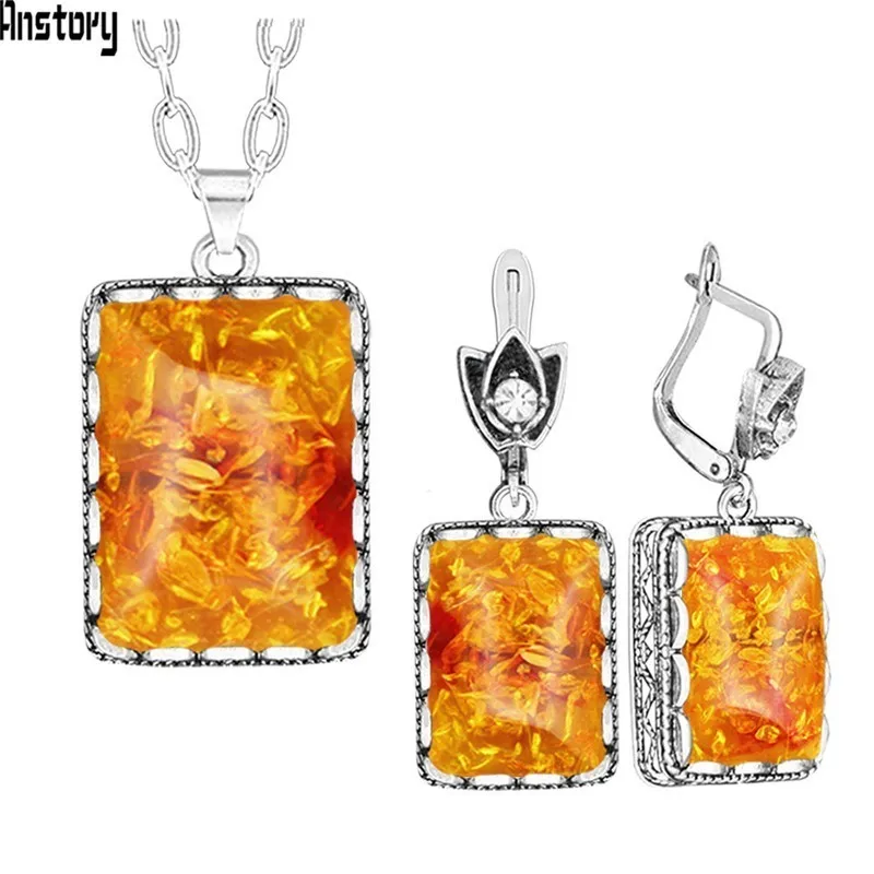 

Oblong Synthetic Ambers Jewelry Set For Women Antique Silver Plated Flower Square Pendant Necklace Earrings