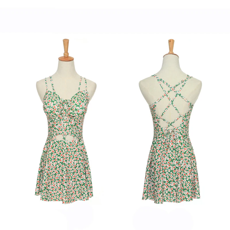 5Summer Beach One Piece Suit Swimwear Floral Print Swimming Sport Green Women Bathing Suit Hollow Out Bandage Sexy Swimsuit