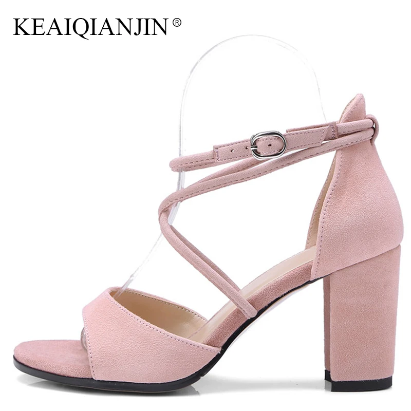 

KEAIQIANJIN Woman Summer Open Toe Sandal Fashion Pink High Heeled Shoes Sexy Plus Size 33 40 Genuine Leather Peep Toe Sandals