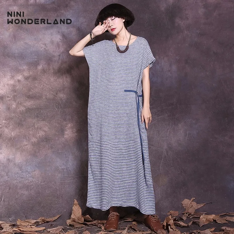 

NINI WONDERLAND Cotton Linen Vintage Casual Striped Dress Summer Dress Women Long Dress Female Big Size Loose Dresses Plus Size