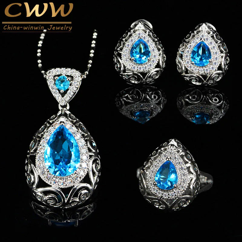 Fashion Water Drop Shape Necklace Earring Ring Light Blue Austrian Crystal Women Jewelry Set