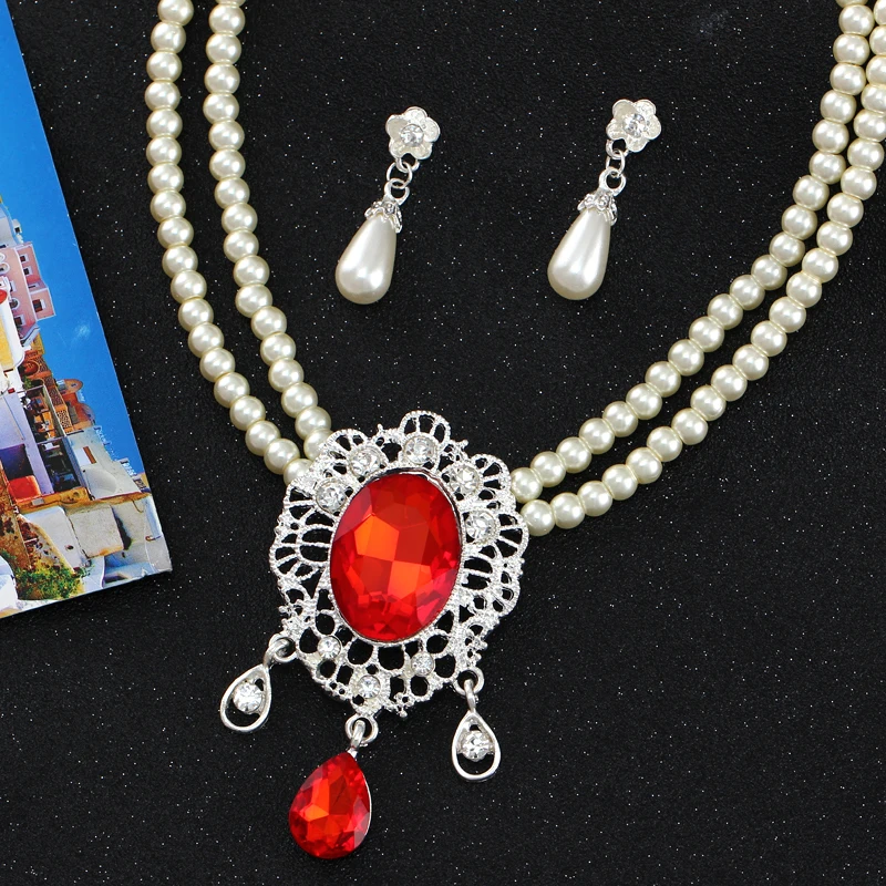 

luxury red rhinestone oval shaped pendant choker necklace with stud earrings wedding bridal party jewelry sets
