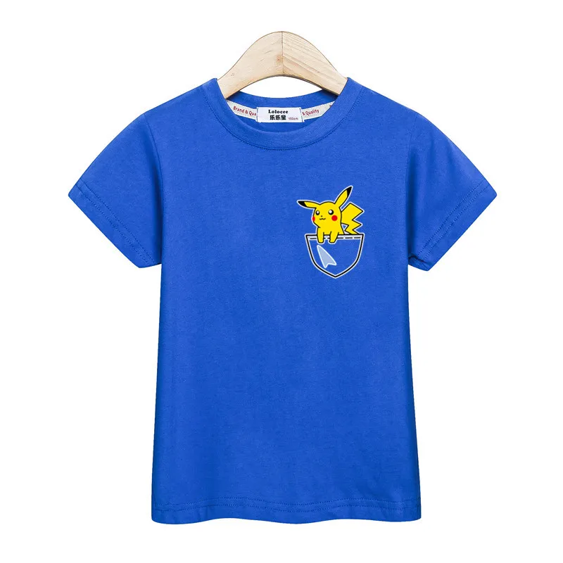 Funny pockets pikachu tops kids clothes little boys short sleeve t-shirt baby girls cute print costume kid boy casual tee shirt - Цвет: Blue