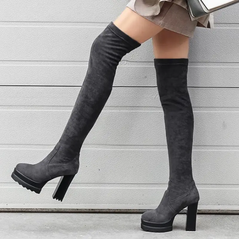 Coolcept Thigh High Boots Brand New Winter Suede Stretch Shoes Women Fashion Square High Heels Platform Footwear Size 32-42
