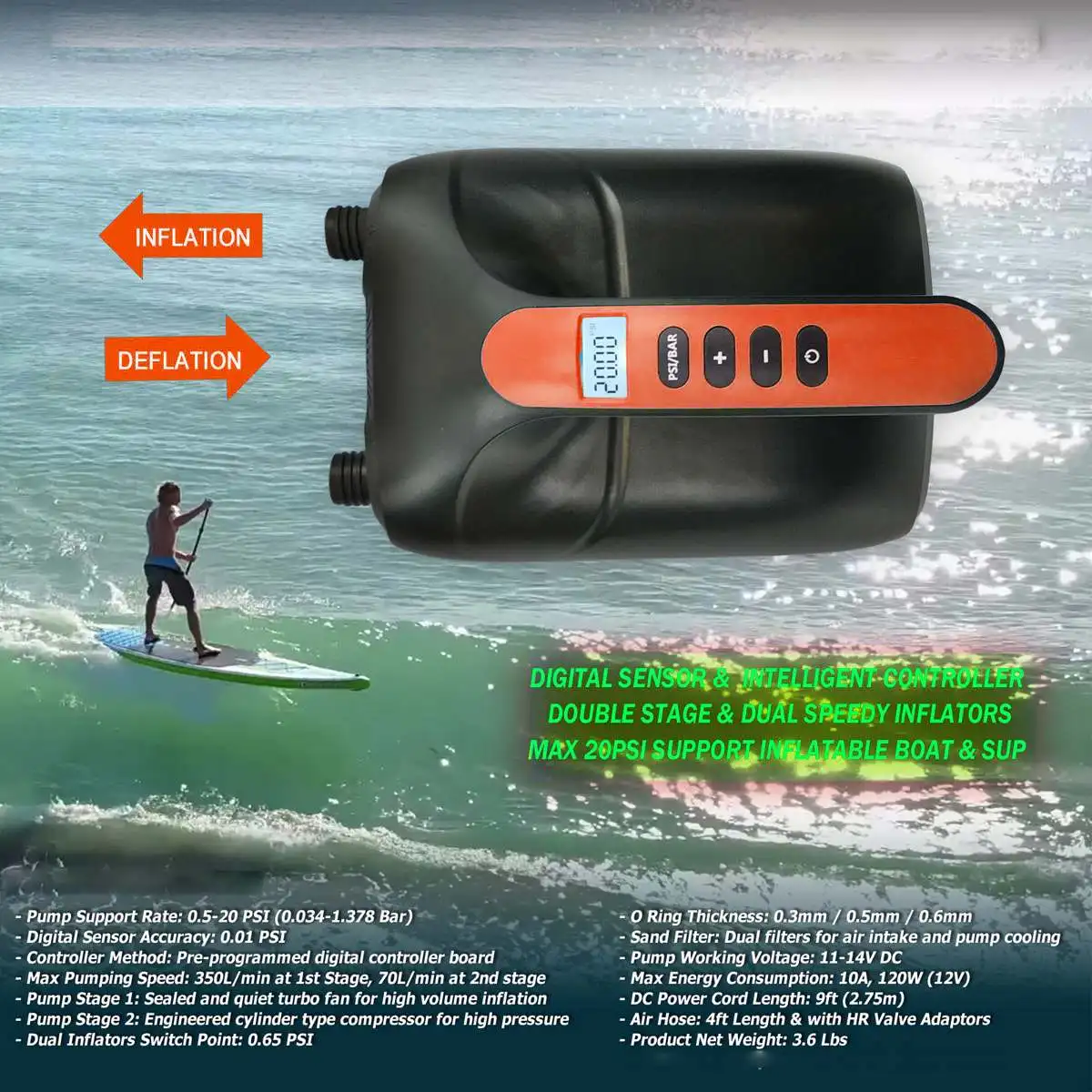 

12V 16PSI Portable Car Inflatable Pump High Pressure Portable Digital Electric Air Pump SUP Kayak Paddle Board With 6 Nozzles