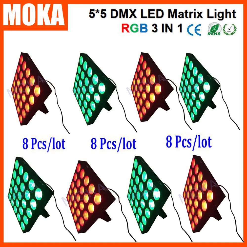 

8PCS/LOT 800W 25 Led Heads Disco 3 IN 1 RGB Dj Light DMX Matrix 5*5 30W -20-40 Environment Temperature Club Light