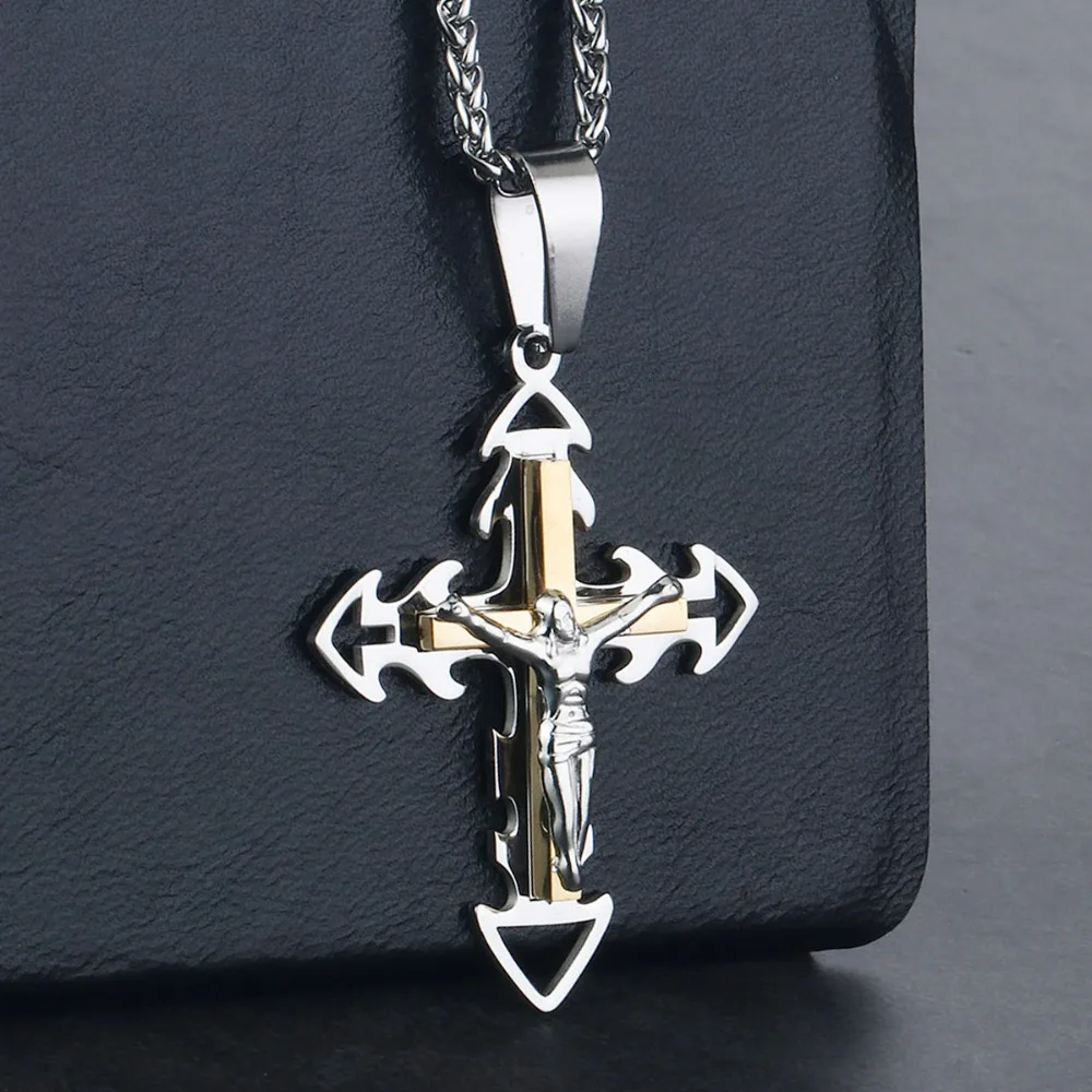 

Multi-Layer Sword Cross Necklaces & Pendants Gold Silver Tone Stainless Steel Jesus Crucifix Religious Link Chains Jewelry CN37