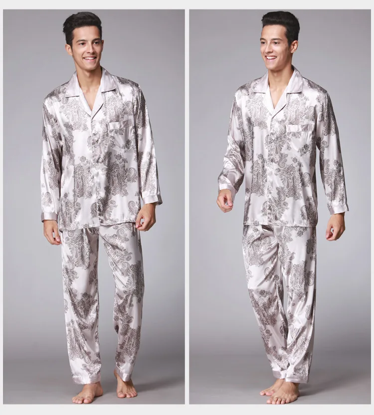 2018 новые весенние 2 шт. пижамы Наборы для ухода за кожей мужские шелковые пижамы Для мужчин с длинными рукавами Пижама Брюки для девочек