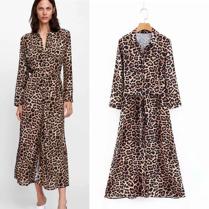 2018 Autumn New Women Leopard Print Maxi Dress Bow Tie Sashes Long Sleeve Retro Ladies Casual Chic Female Dresses Vestidos | Женская