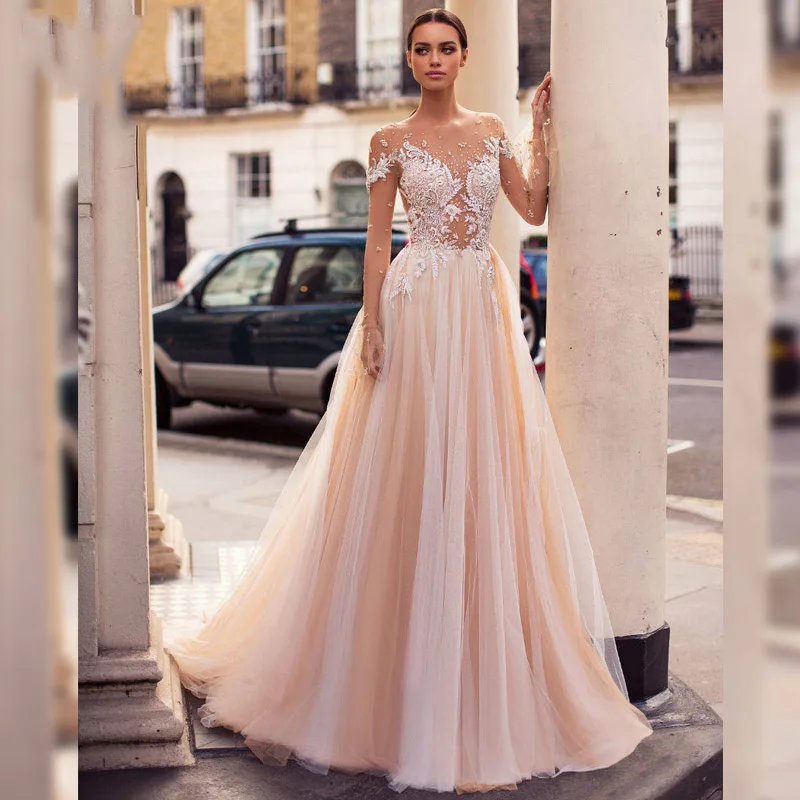 

Eightree Long Sleeves Illusion Backless Evening Dress Scoop Beaded A-Line Button Bride Wedding Party Gown Princess Customized