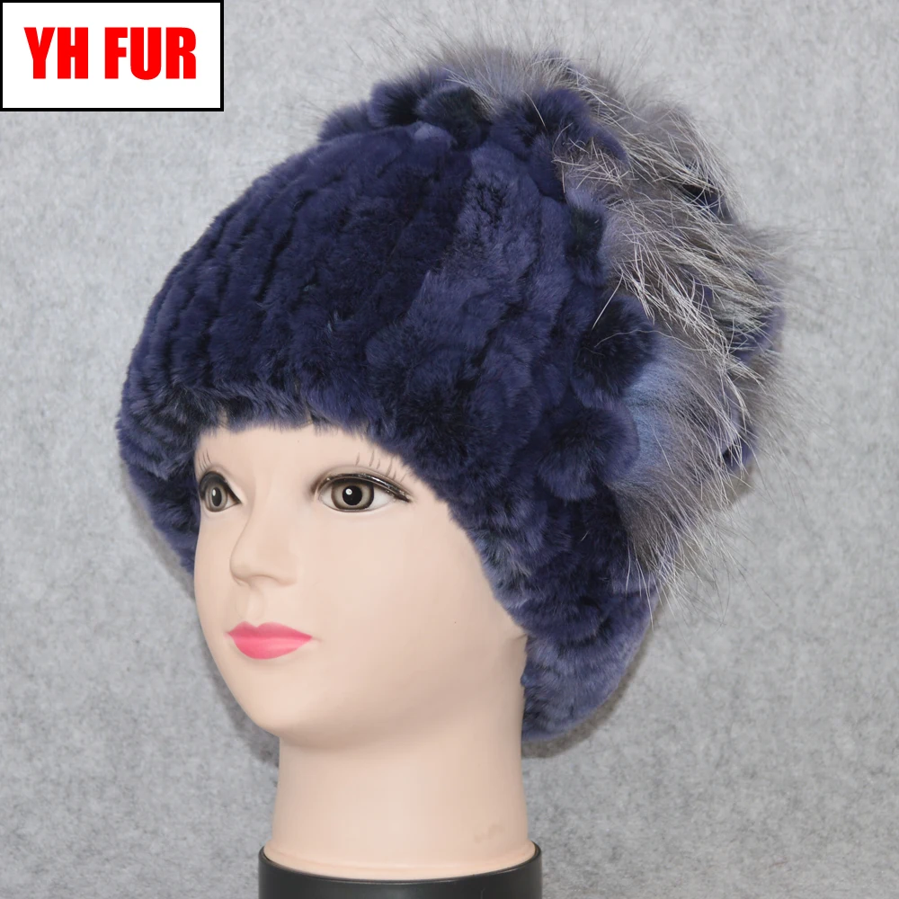 

New Style Women Real Rex Rabbit Fur Skullies Hats Luxury Knitted Flowers Genuine Rex Rabbit Fur Cap Winter Real Fur Beanies Hat