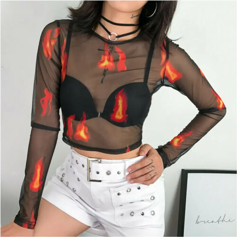 

Womens Sheer Mesh Fish Net fire print Long Sleeve Round Neck See Top Shirt Blouse Shirts Blouse Mujer de Moda 2019 710