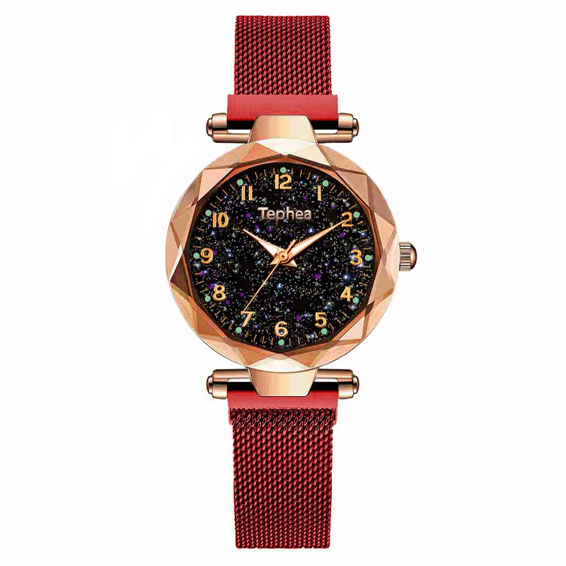 red gold Горячая Распродажа, женские часы-браслет, модные роскошные часы с магнитной пряжкой, ремешок из нержавеющей стали, светящийся циферблат, звездное небо, кварцевые часы - Цвет: red gold