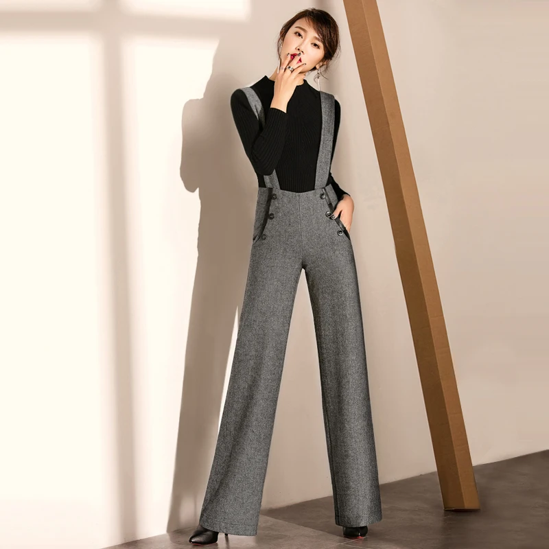 Jumpsuits Women Rompers 70% Wool Blended Fabric Pockets Button ...