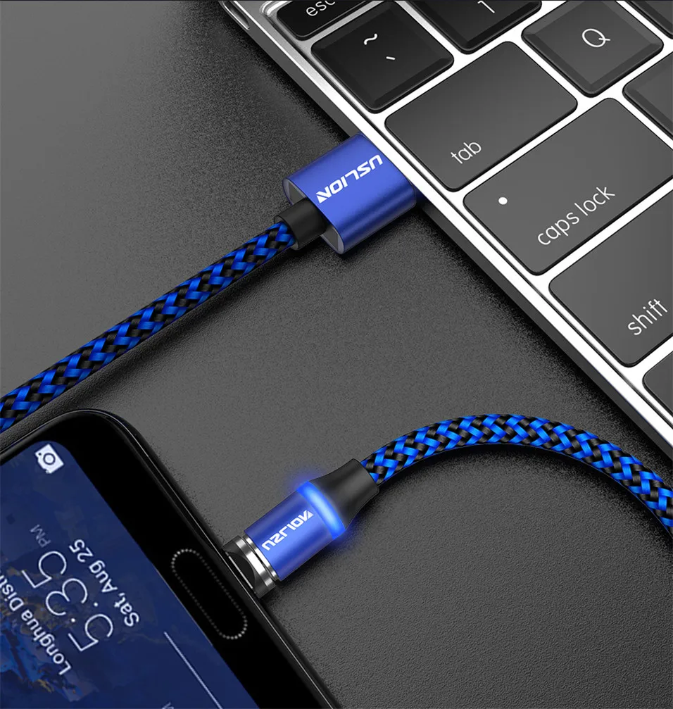 USLION Micro USB кабель usb type C Магнитный Кабо Для Xiaomi samsung S9 S8 для iPhone X нейлоновый Плетеный светодиодный магнитный кабель телефонный кабель