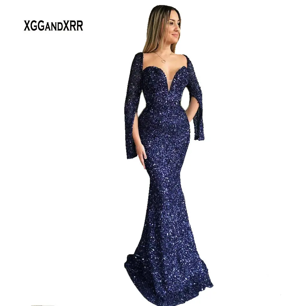 

Special Design Long Sleeves With Slit Mermaid Prom Dress 2018 Elegant Evening Dress Long Party Gown Sequins Lace Blue Formal