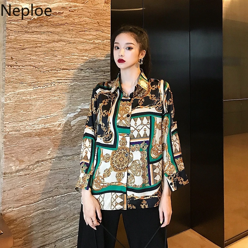 

Neploe Hong Kong Style Shirts Women 2019 Summer Print Turn-Down Collar Long Sleeve Blouse Retro Loose Sunscreen Ladies Top 45071