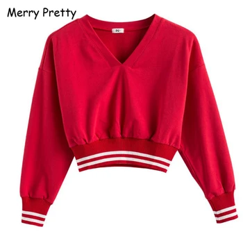 

MERRY PRETTY Women White Stripe Patchwork Cropped Hoodies 2019 Autumn Long Sleeve V-Neck Sweatshirts Elasticity Waist Pullovers