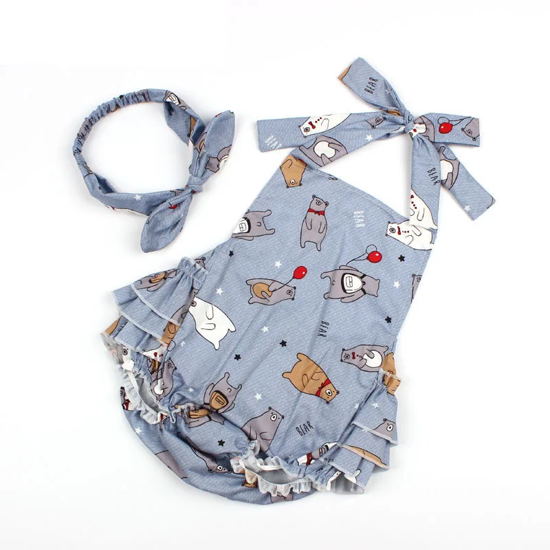 Bear Print Baby Girls Summer Rompers & Headband Newborn Infant Cotton Ruffles Sleeveless Jumpsuit Girls Beach Costume (3)