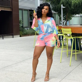 

Rainbow Print Hooded Zipper Three Quarter Length Sleeve Top Shorts 2 Piece Suits Plus Size Sport Casual Tracksuit Mathing Sets