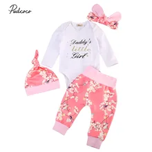 Симпатичные для малышей зимняя одежда для маленьких девочек Цветочный комплект одежды письмо печати ползунки хлопковые леггинсы Брюки для девочек Handband 4 шт