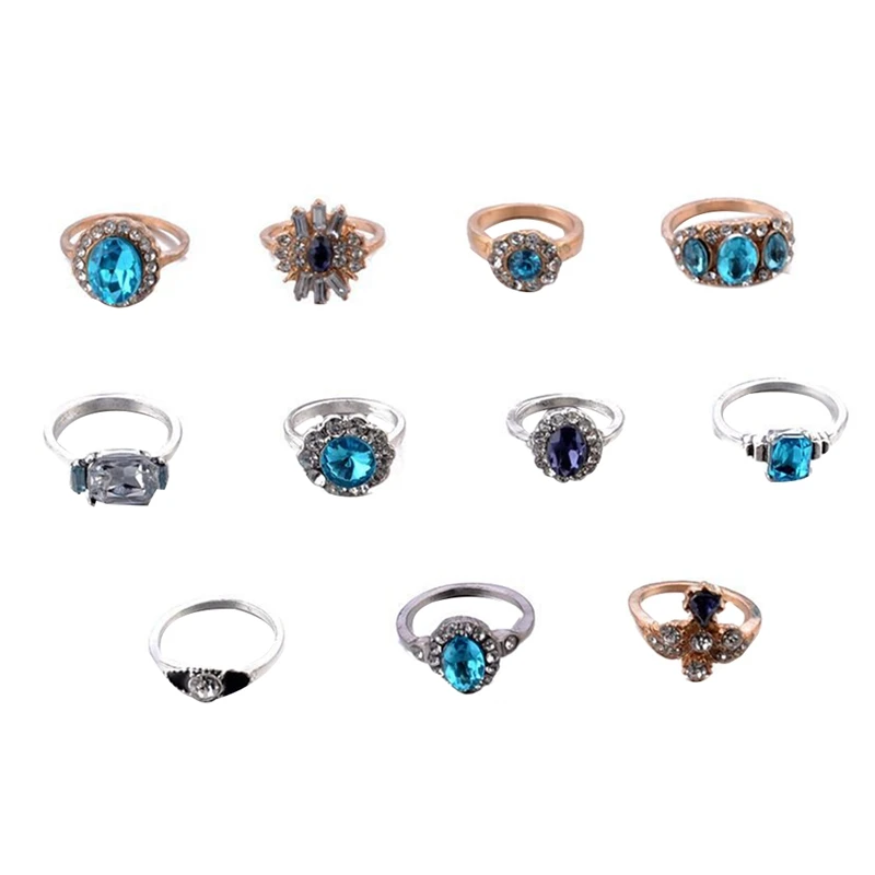 

11 Pcs/Set Women Blue Crystal Geometry Round Water Drops Irregular Flower Ring Set Charm Party Wedding Jewelry
