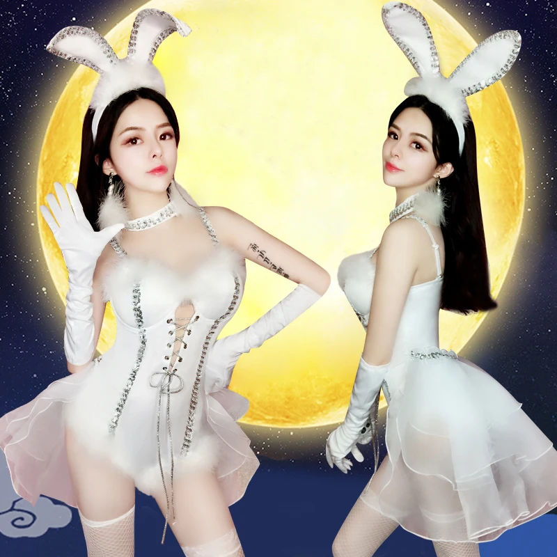 Костюм Джаз косплэй кролик девушка Белый боди для певицы Dj Ds ночной клуб сценический наряд для женщин пикантные полюс танцы рейв костюмы