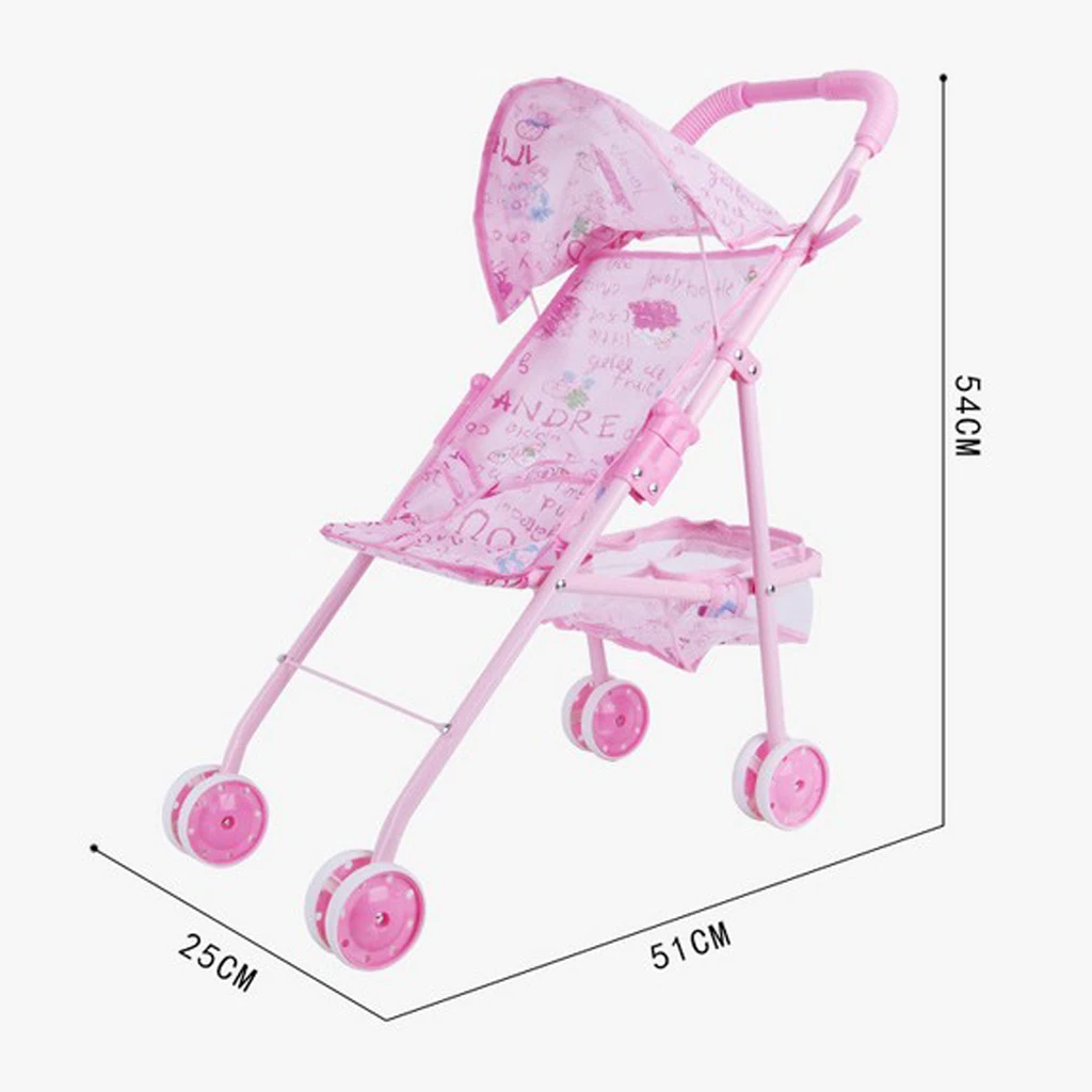 Foldable Iron Frame Pink Stroller Pushchair Playset for 9-12inch Reborn Doll for Mellchan Baby Dolls Accessories - 51x25x54cm